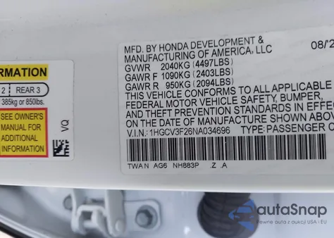 2022 Honda Accord Hybrid Sport from USA, damaged, VIN 1HGCV3F26NA034696